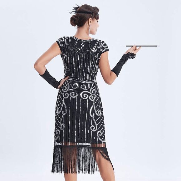 ✨ Flapper Great Gatsby Roaring 1920s Retro Tassel Fringe Sequin Dress NEW - Picture 9 of 16